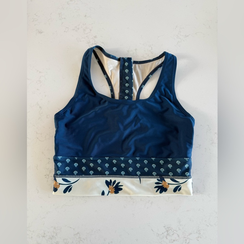 Nani Swimwear Navy Floral Serengeti Cut Back Crop Swim Top Size Small UPF 50